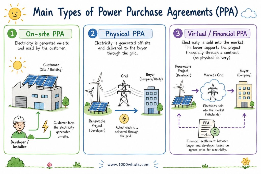Infographic about Power Purchase Agreement (PPA) types, comparing on-site PPA, physical PPA, and virtual or financial PPA.