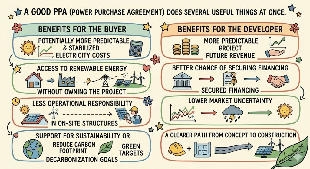 Infographic about Power Purchase Agreement (PPA) benefits, showing advantages for the buyer and the developer such as price predictability, renewable energy access, financing support, and lower market uncertainty.