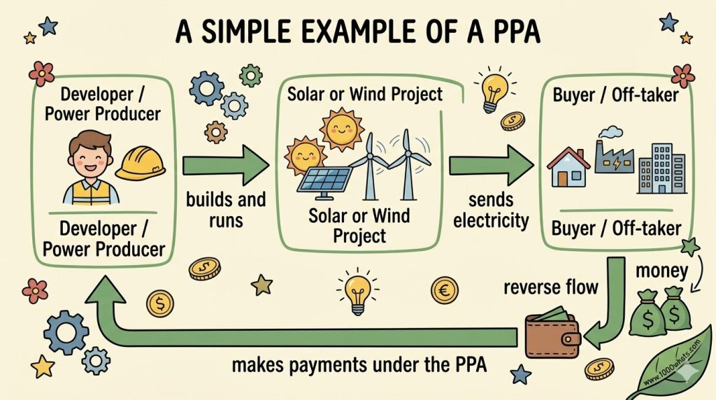 Infographic showing a simple example of a Power Purchase Agreement (PPA), with a developer building a solar or wind project, electricity going to the buyer, and payments flowing back under the contract.