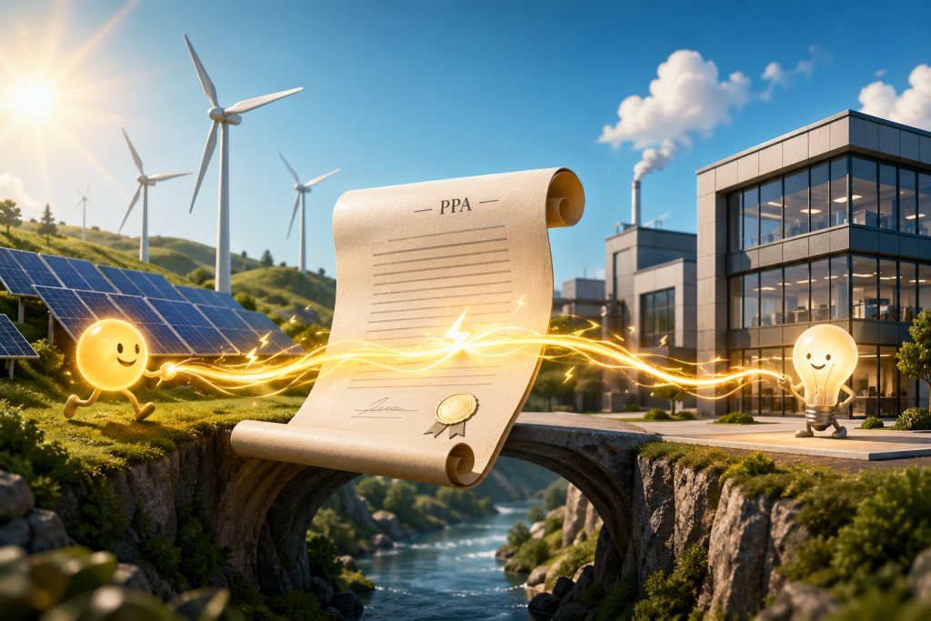 Illustration of a Power Purchase Agreement (PPA) connecting solar and wind energy projects with an electricity buyer through a glowing contract bridge.