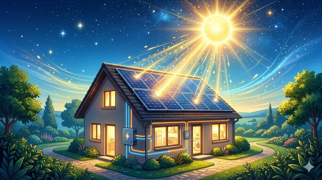 How solar power works illustration from 1000whats.com showing a house with rooftop solar panels, sunlight hitting the panels, and electricity flowing into the home.