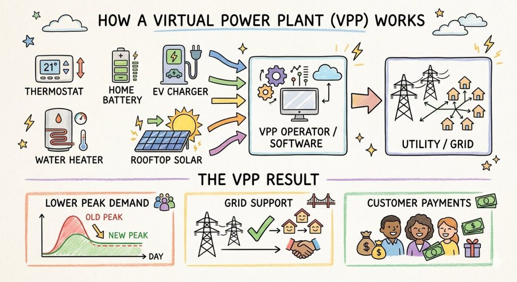 Virtual power plant infographic showing thermostats, home batteries, EV chargers, water heaters, and rooftop solar coordinated by software to support the grid and reduce peak demand.