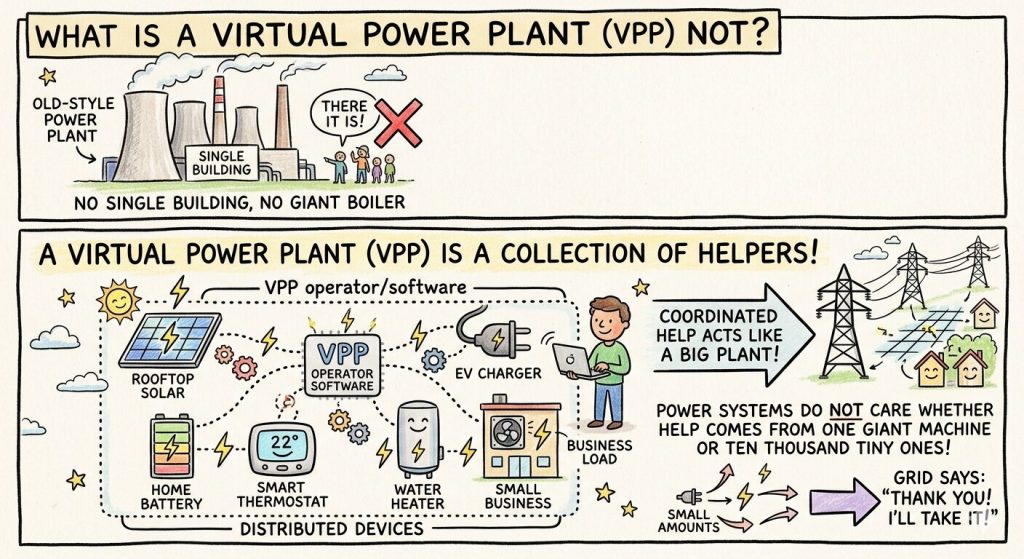 Virtual power plant infographic showing that a VPP is a software-coordinated network of rooftop solar, batteries, thermostats, EV chargers, water heaters, and business loads supporting the grid.