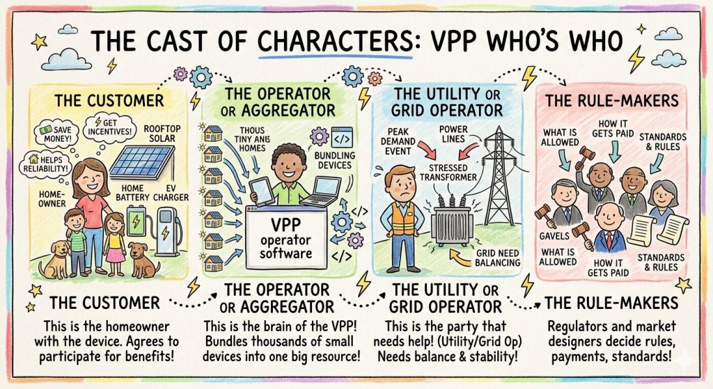 Virtual power plant infographic showing the roles of the customer, aggregator, utility or grid operator, and rule-makers in a VPP system.