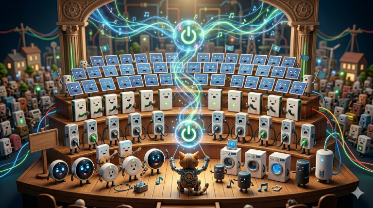 Virtual power plant illustration showing solar panels, batteries, smart devices, and household appliances connected and coordinated as one energy system.