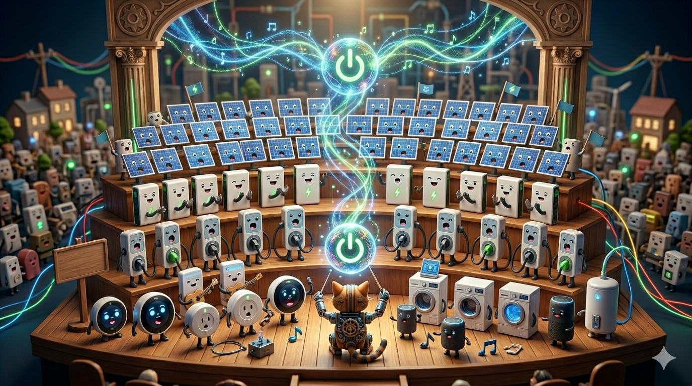 Virtual power plant illustration showing solar panels, batteries, smart devices, and household appliances connected and coordinated as one energy system.