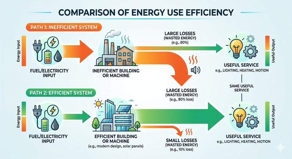 Infographic about energy efficiency comparing an inefficient system and an efficient system, showing how both provide the same useful service but the efficient system uses less energy and wastes less.