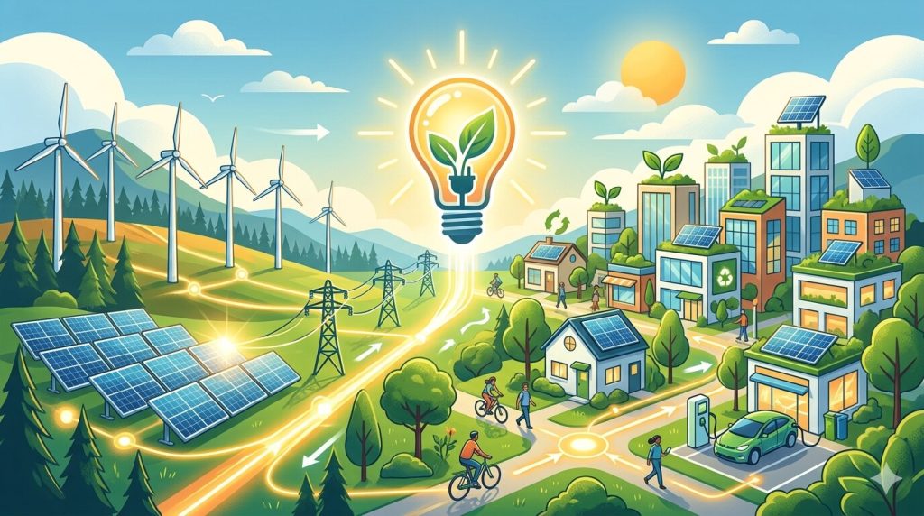 Illustration of energy efficiency showing wind turbines, solar panels, power lines, efficient homes, green buildings, electric vehicles, and a glowing light bulb symbolizing smart energy use.