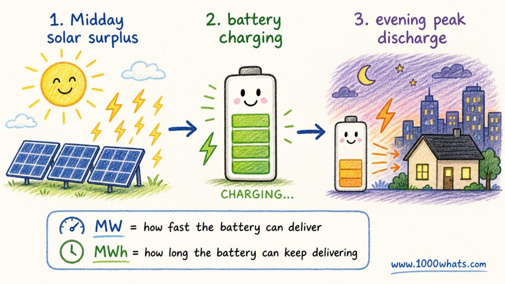 Battery storage infographic showing solar surplus charging a battery and powering homes during the evening peak.