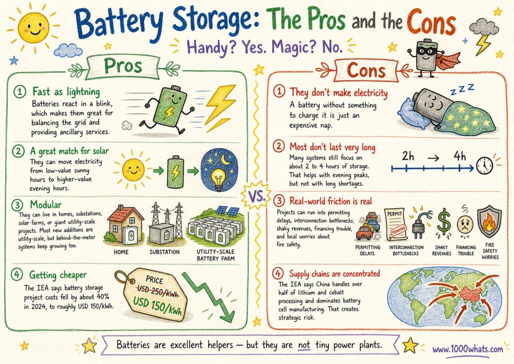 Battery storage pros and cons infographic showing benefits, limits, costs, project risks, and supply chain challenges.