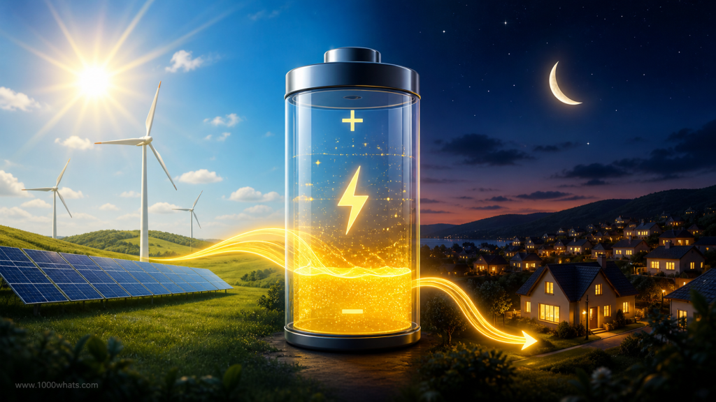 Battery storage illustration showing solar and wind energy charging a giant battery that powers a town at night.
