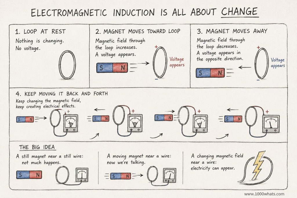 Hand-drawn infographic showing electromagnetic induction as a moving magnet creates voltage in a wire loop.