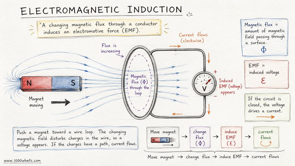 Hand-drawn diagram explaining electromagnetic induction with a magnet moving toward a wire loop and inducing voltage.