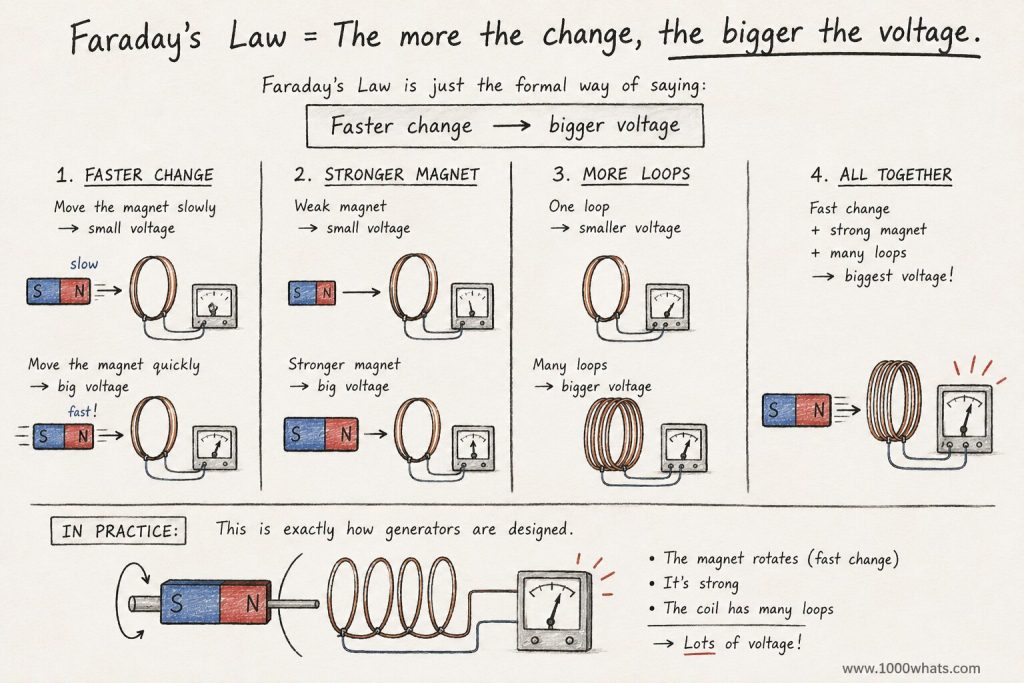 Hand-drawn infographic explaining Faraday’s Law and electromagnetic induction with magnets, coils, and voltage meters.