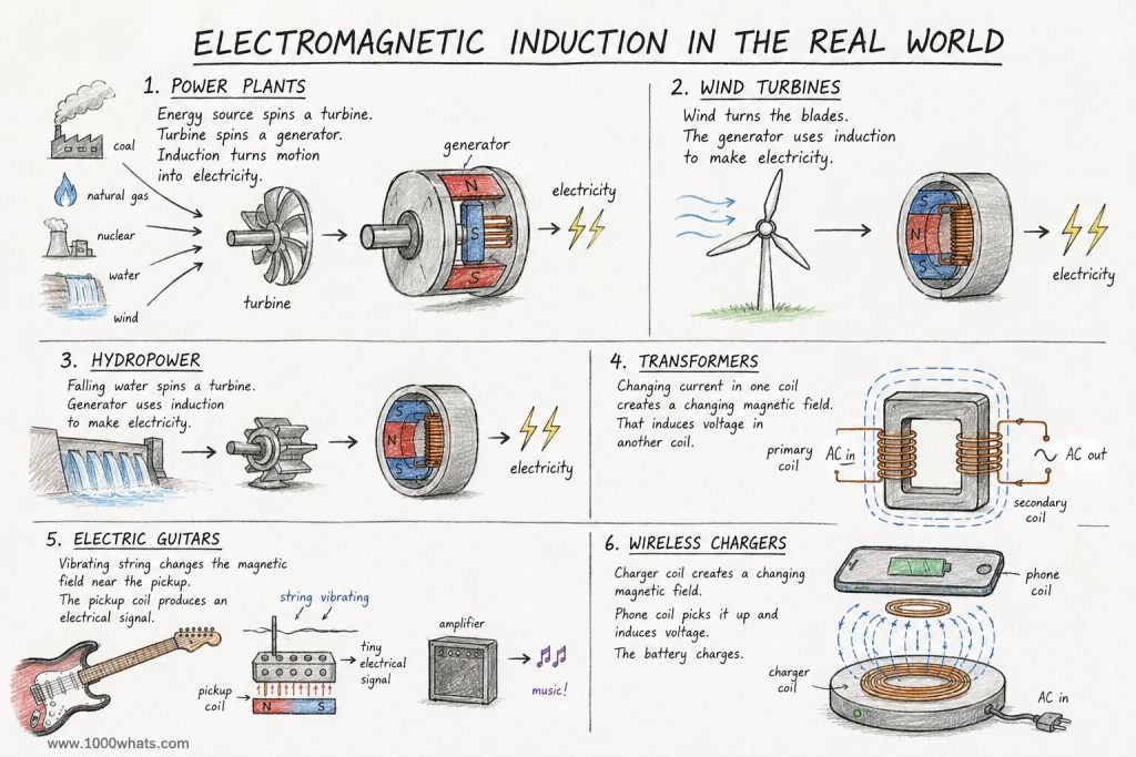 Hand-drawn infographic showing real-world uses of electromagnetic induction in generators, transformers, guitars, and wireless chargers.