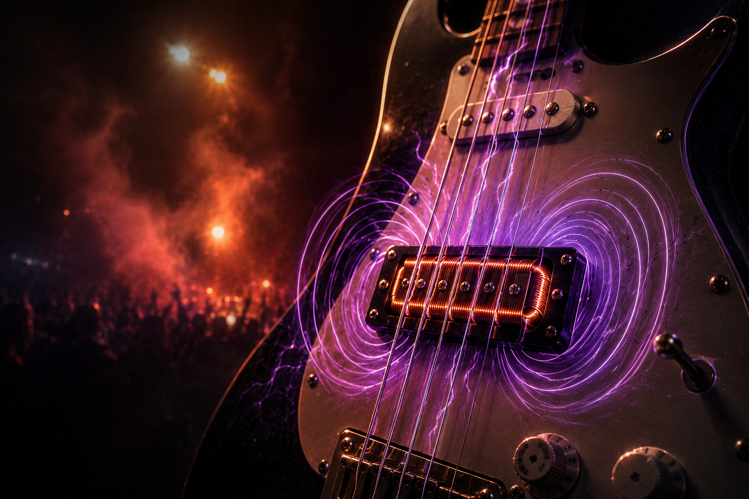 Electric guitar pickup illustrating electromagnetic induction as vibrating metal strings interact with a magnetic field to create an electrical signal.