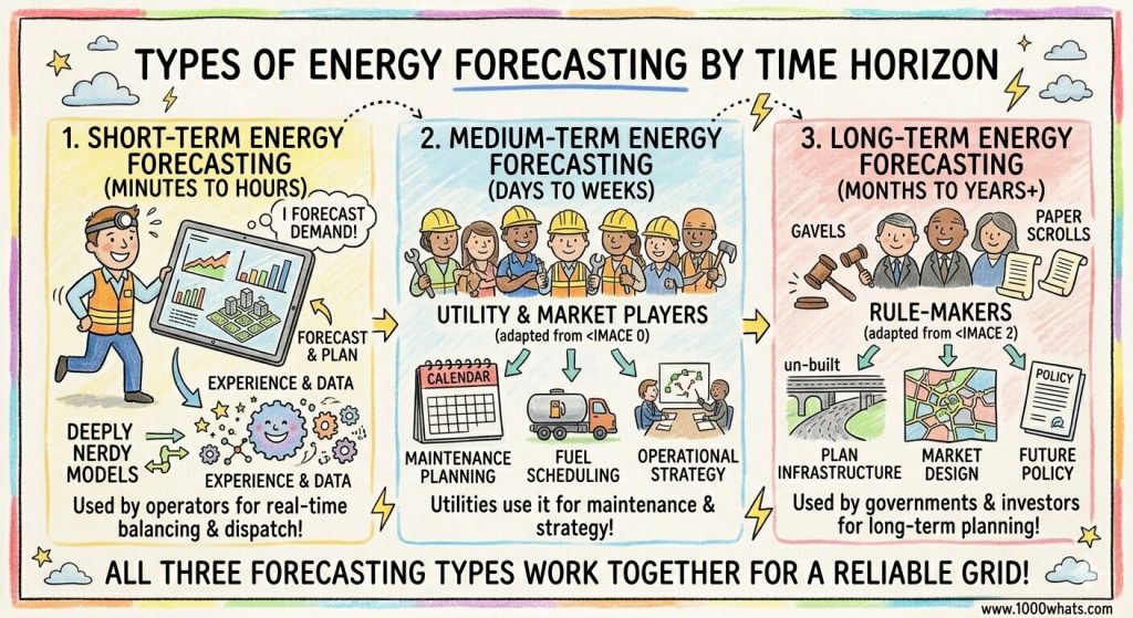 Energy forecasting infographic showing short-term, medium-term, and long-term forecasting for grid balancing, maintenance, markets, and planning.
