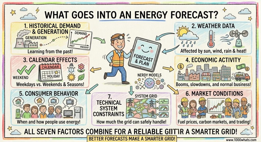 Energy forecasting infographic showing weather data, demand history, consumer behavior, markets, calendar effects, and grid constraints.
