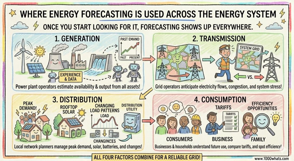 Energy forecasting infographic showing its use in generation, transmission, distribution networks, and energy consumption planning.