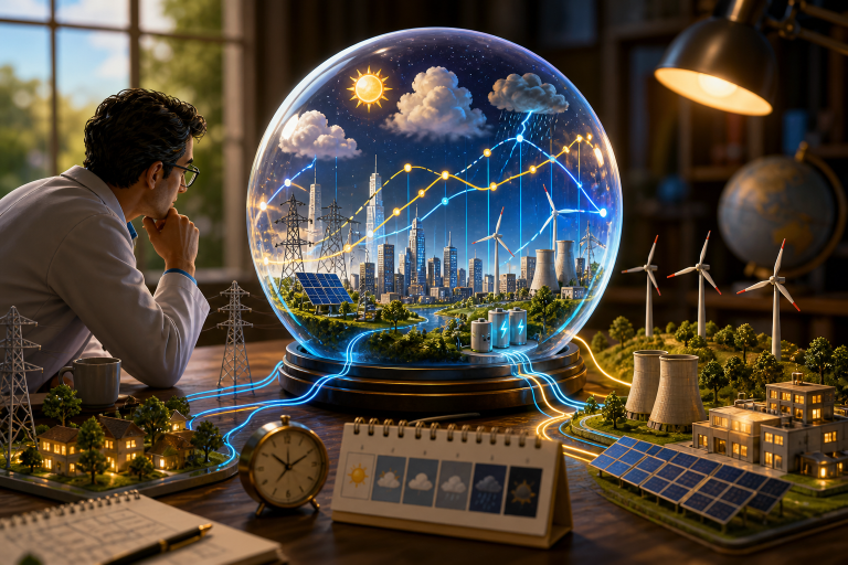 Energy forecasting visualized as a scientist studying a glowing globe with power grids, renewables, weather icons, and demand graphs.