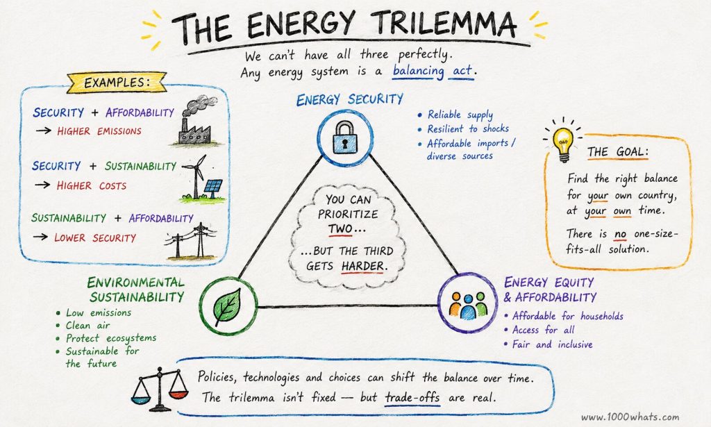 Infographic explaining the energy trilemma as a balance between energy security, affordability, and environmental sustainability.