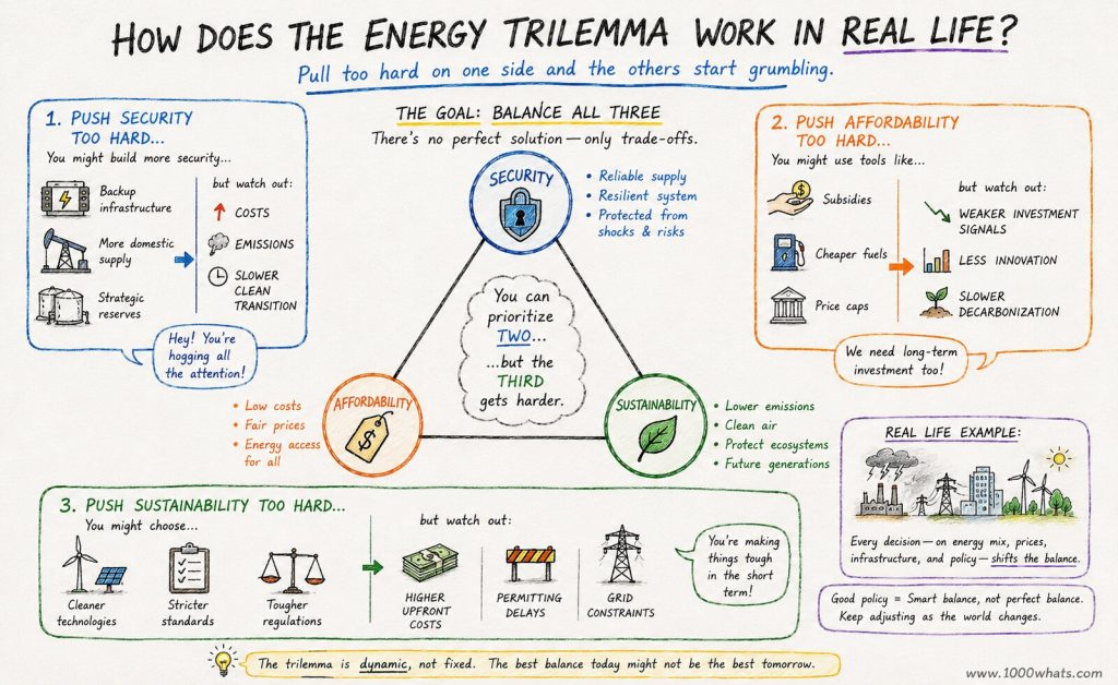 Infographic showing real-life energy trilemma trade-offs between energy security, affordability, and sustainability.