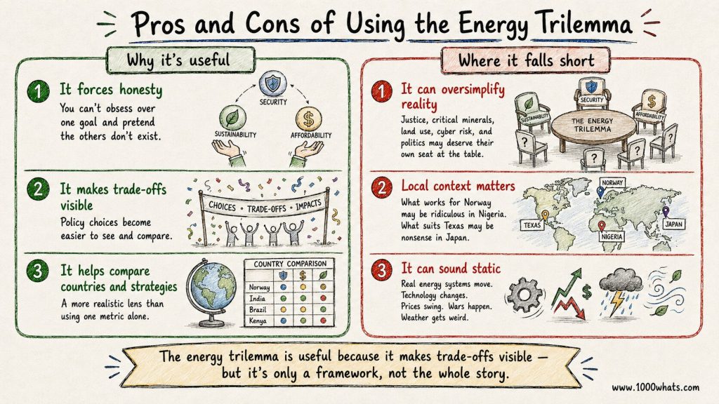 Infographic showing the pros and cons of using the energy trilemma to compare energy security, affordability, and sustainability.