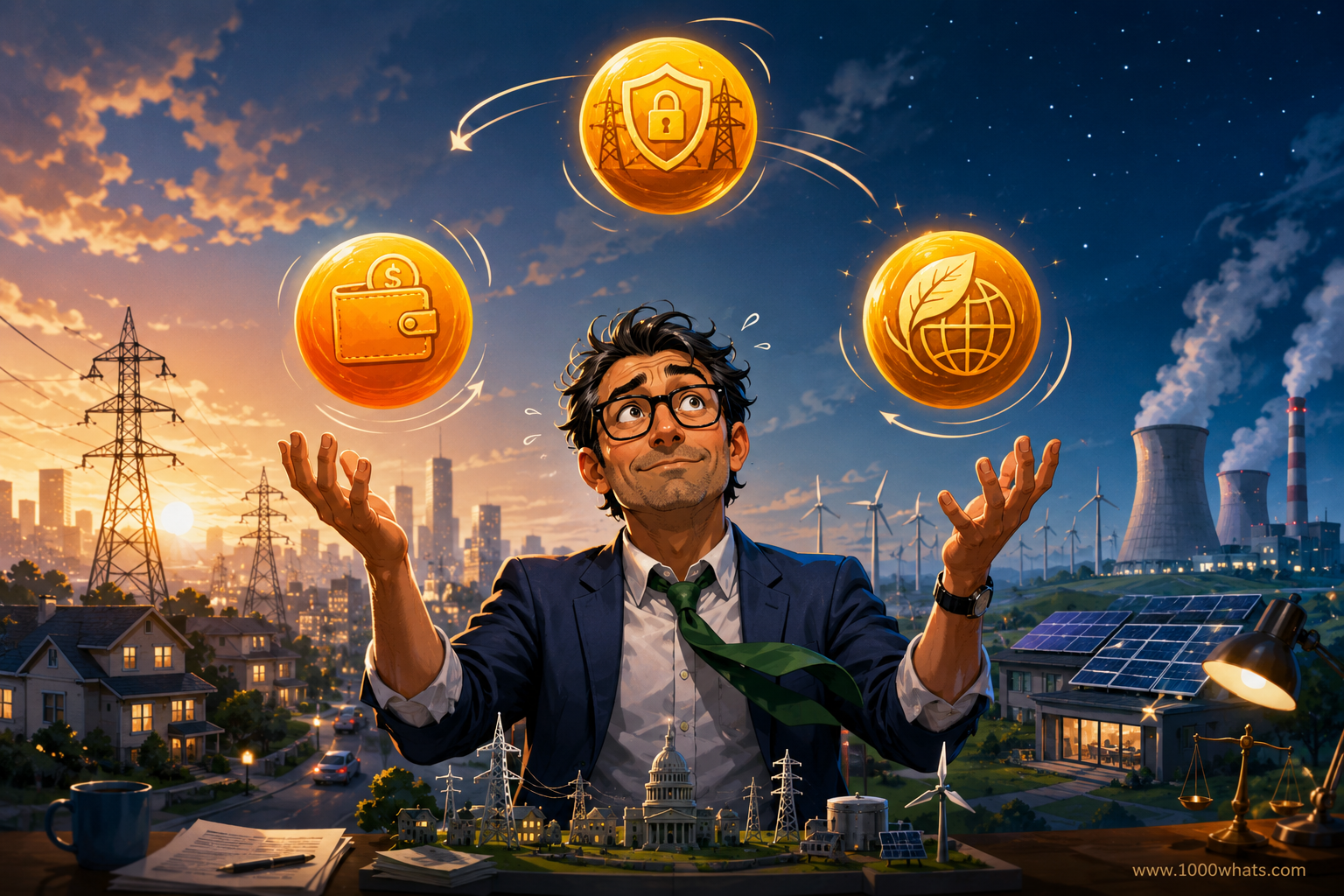 Illustration of the energy trilemma with a man juggling icons for energy security, affordability, and sustainability above a modern power system.