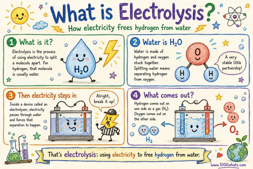 Green hydrogen infographic explaining electrolysis, where electricity splits water into hydrogen gas and oxygen.