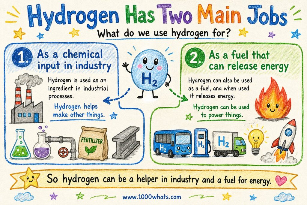 Green hydrogen infographic showing hydrogen used as an industrial chemical input and as a fuel for energy.