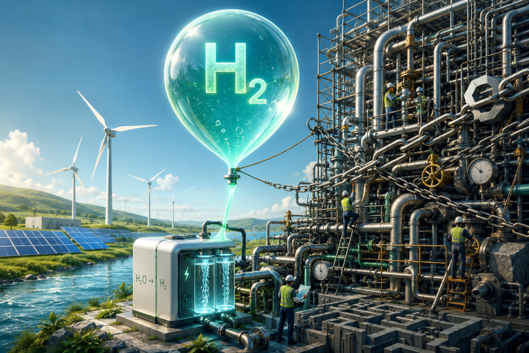 Green hydrogen illustration showing wind and solar power producing H₂ through electrolysis for use in heavy industry.