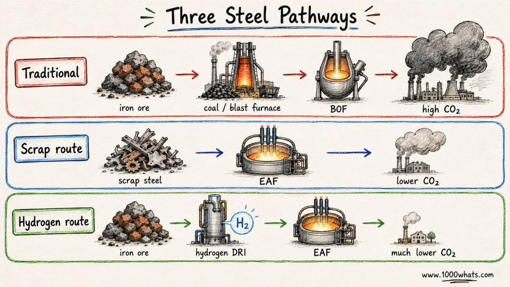 Hand-drawn infographic showing three green steel pathways: traditional steel, scrap EAF, and hydrogen DRI-EAF.