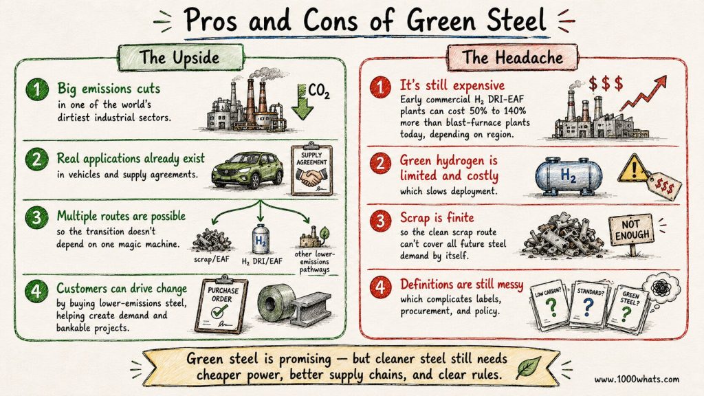 Hand-drawn infographic explaining the pros and cons of green steel, including lower emissions, costs, hydrogen, and scrap limits.