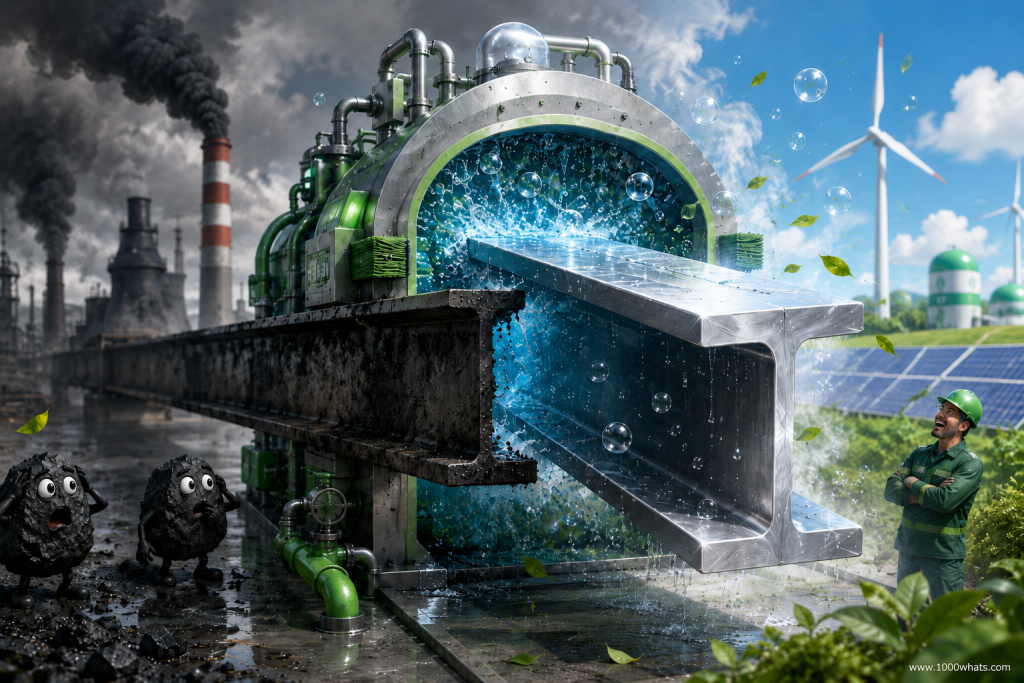Creative image showing green steel as dirty steel being cleaned and transformed with hydrogen and renewable energy.