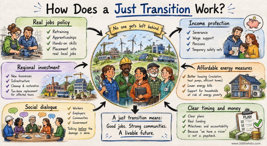Infographic explaining just transition with jobs policy, income protection, regional investment, social dialogue, affordable energy, and funding for a fair energy transition.