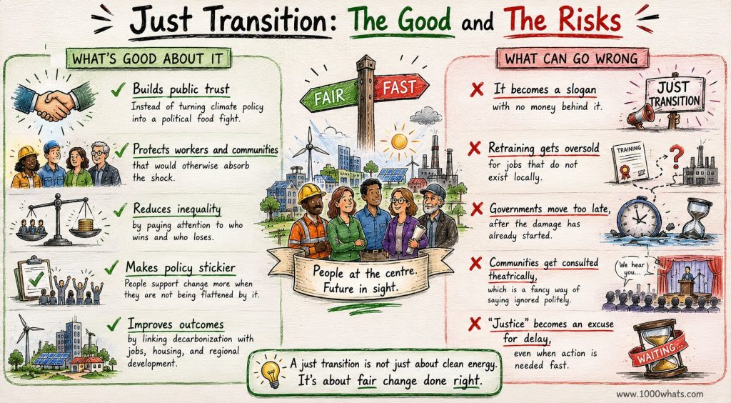 Infographic about just transition showing benefits like trust and worker protection alongside risks like delay, poor retraining, and weak implementation.