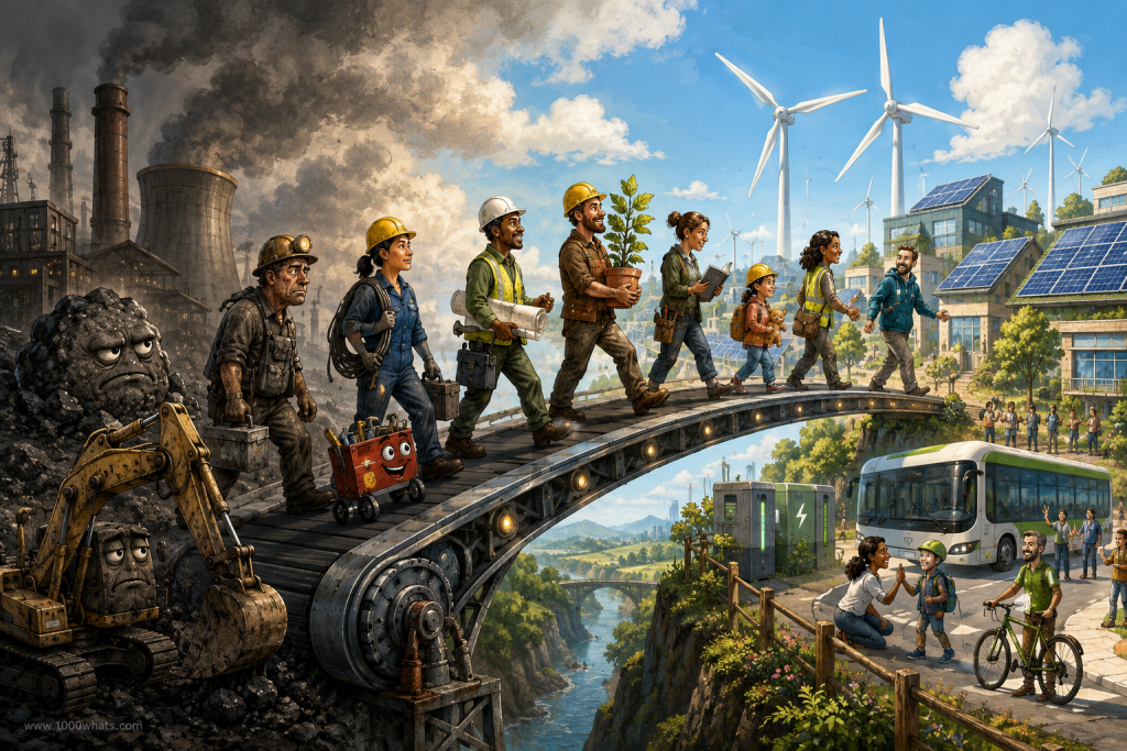 Featured illustration of just transition showing workers and families crossing a bridge from a polluted fossil-fuel world to a clean energy future with wind turbines, solar panels, and electric transport.
