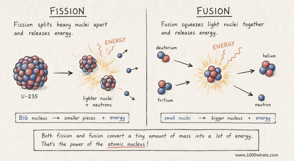 Hand-drawn comparison of nuclear fision and fusion showing uranium splitting on one side and light nuclei combining on the other to release energy.
