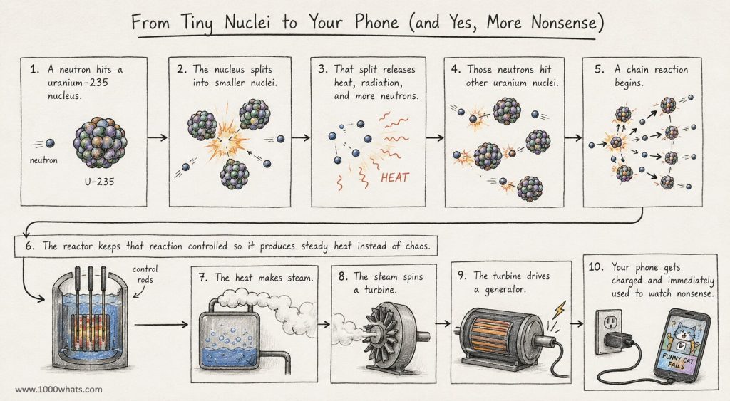 Step-by-step diagram of nuclear fision showing uranium splitting, a controlled reactor, steam production, turbine rotation, and electricity charging a phone.