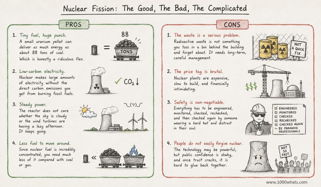 Infographic about nuclear fision listing pros like low-carbon steady power and cons like radioactive waste, high cost, and safety concerns.