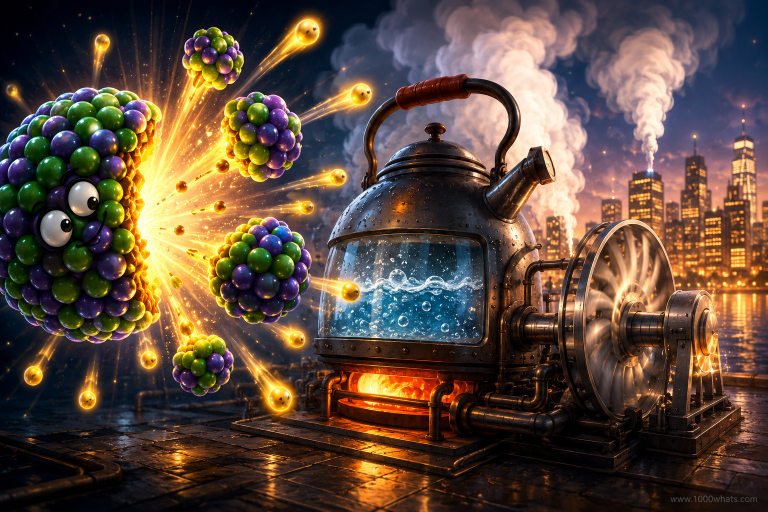 Featured illustration of nuclear fision showing an atom splitting and releasing energy next to a boiler, steam system, and turbine generator producing electricity.