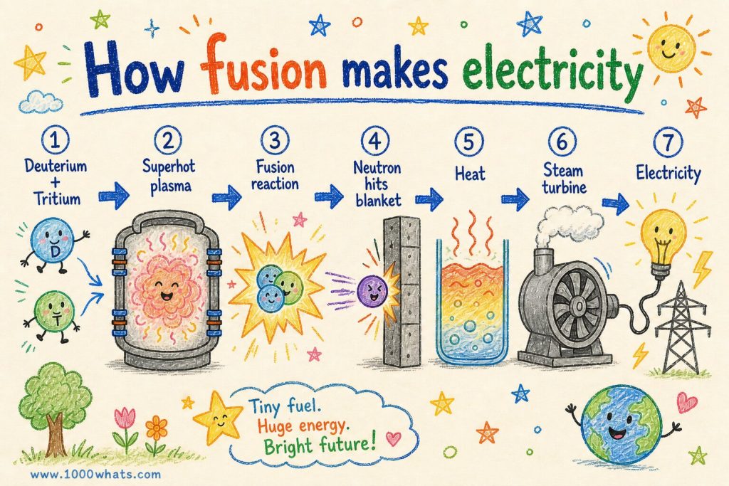 Child-like infographic explaining how nuclear fusion makes electricity, showing deuterium, tritium, plasma, heat, steam turbine, and power grid.