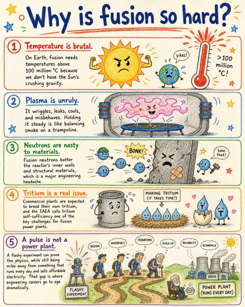 Hand-drawn infographic explaining why nuclear fusion is hard, with plasma, high temperature, neutron damage, tritium, and power plant challenges.