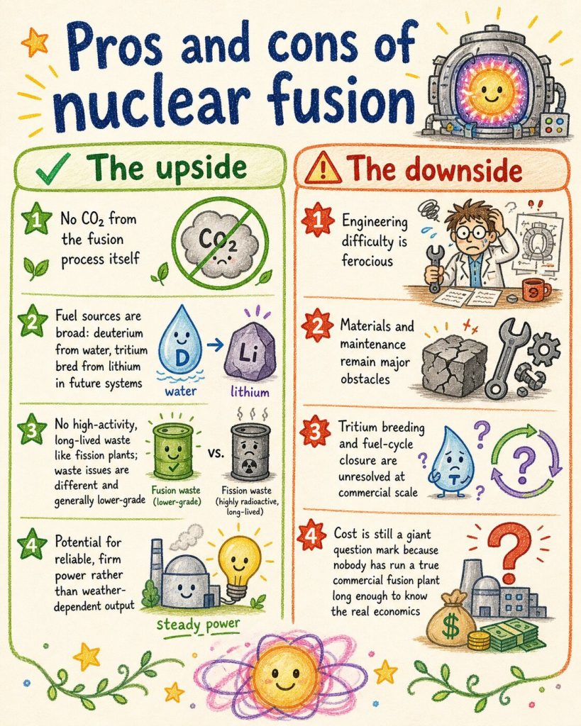 Illustrated infographic showing pros and cons of nuclear fusion, including clean energy potential, fuel sources, waste, engineering challenges, tritium, and cost.