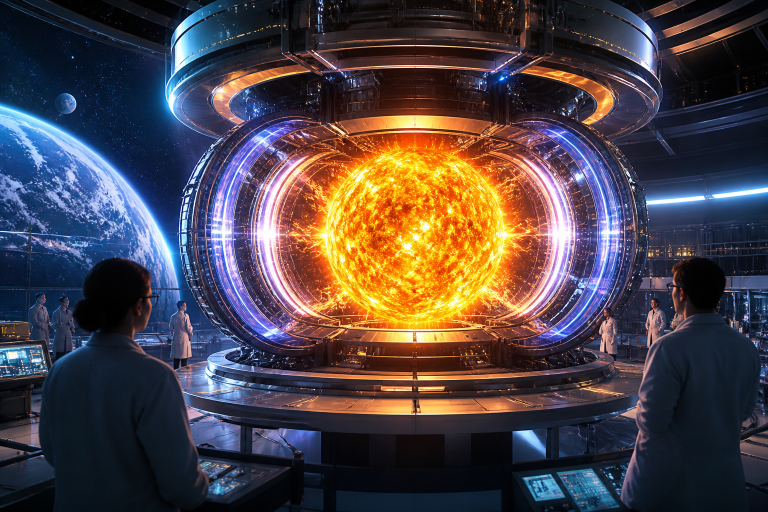 A glowing artificial sun inside a futuristic reactor, representing nuclear fusion and the attempt to create star-like energy on Earth.