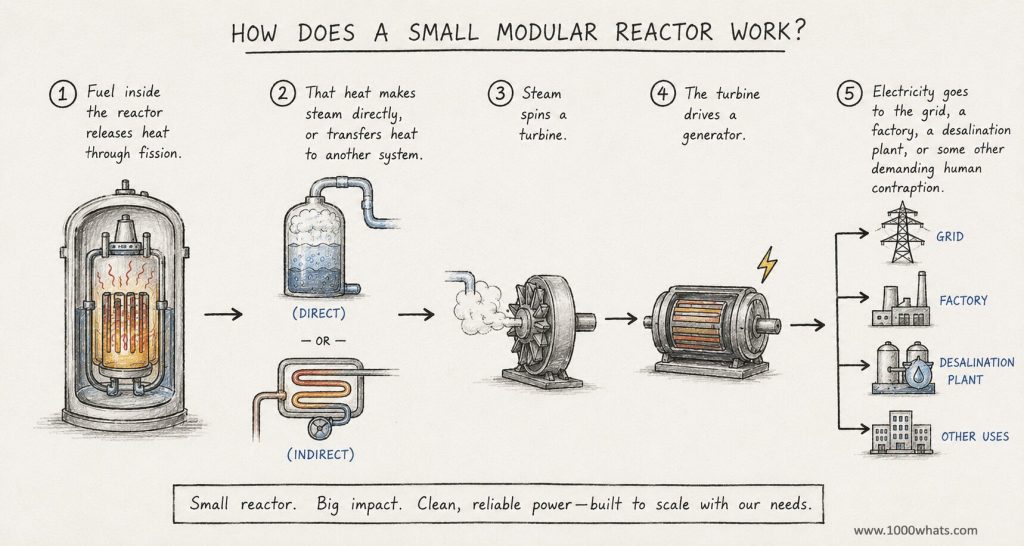 Illustrated diagram of a small modular reactor using nuclear fision to create heat, produce steam, spin a turbine, and generate electricity.