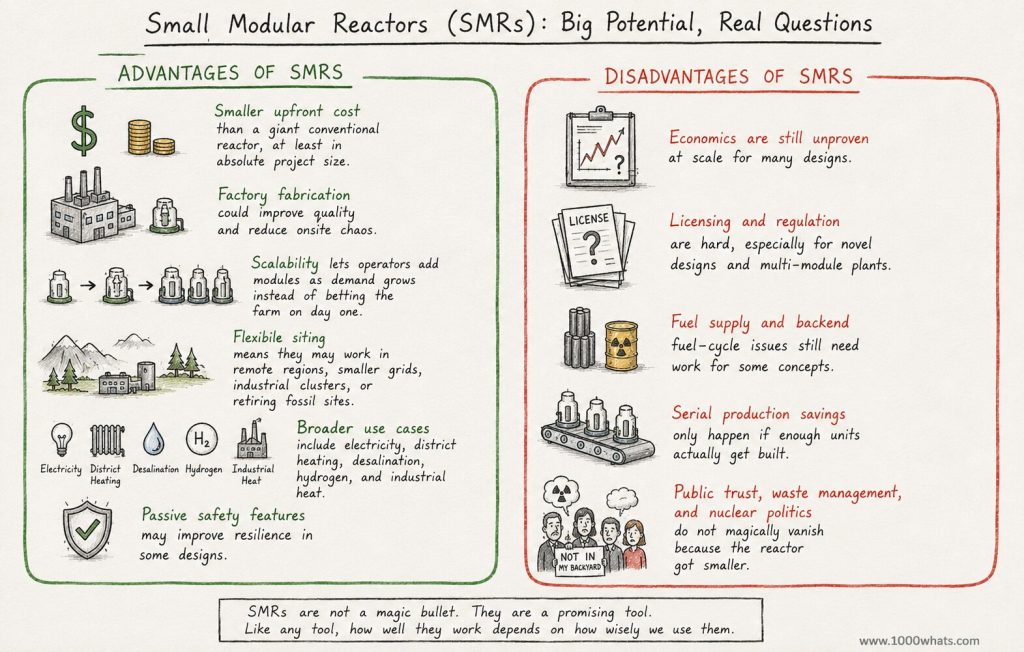 Infographic about small modular reactors and nuclear fision showing advantages like scalability and disadvantages like regulation, cost, and waste concerns.