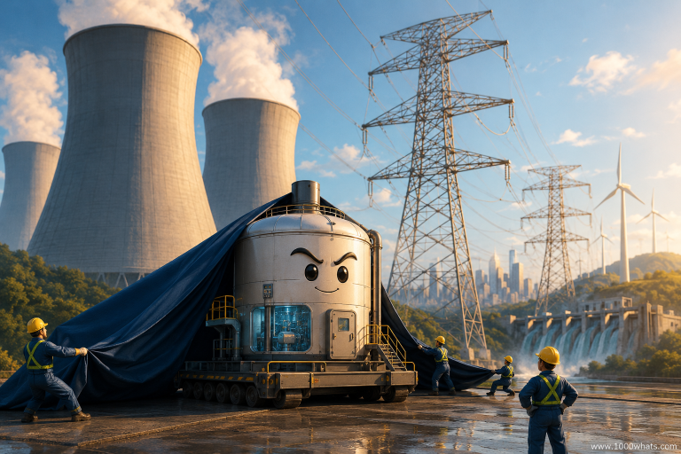 Illustration of a small nuclear reactor SMR being unveiled by workers in front of giant cooling towers and power lines, symbolizing compact nuclear power with big ambition.