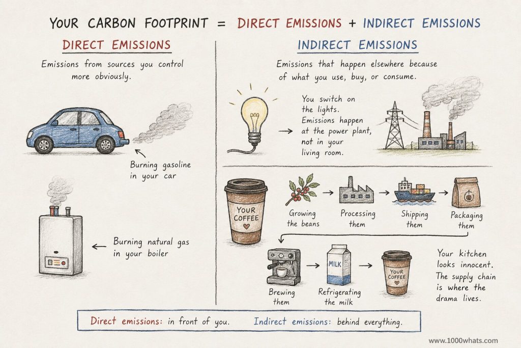Hand-drawn infographic explaining carbon footprint through direct emissions from cars and boilers and indirect emissions from electricity and coffee supply chains.