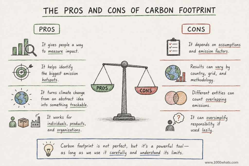 Hand-drawn infographic showing the pros and cons of carbon footprint, including measurement benefits and methodological limitations.